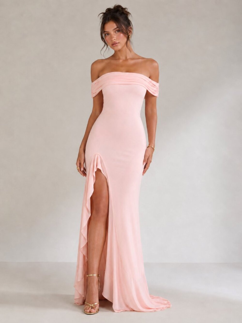 MESHKI Audrey Off Shoulder Mesh Bodycon Maxi Dress Blush Pink
